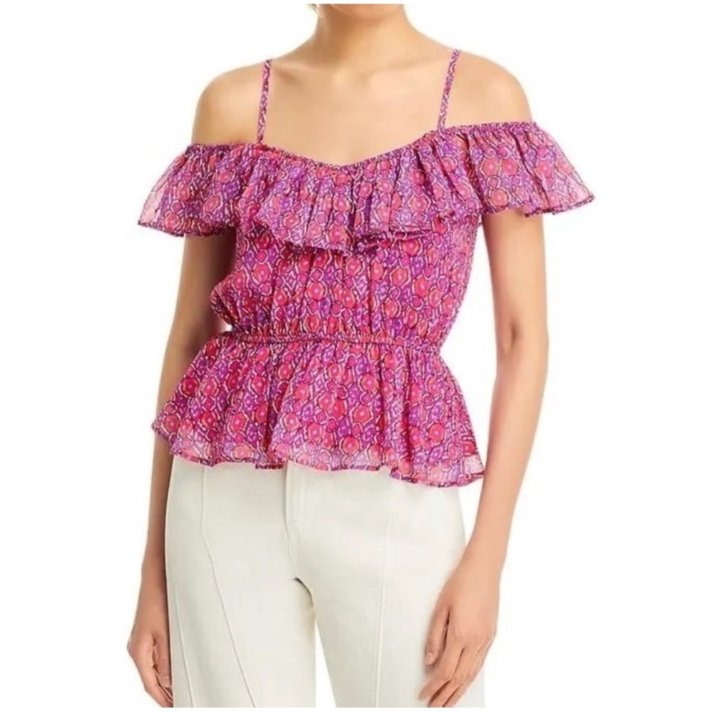 AQUA Off The Shoulder Ruffle Top Floral Print Pink Purple Blouse - Size S